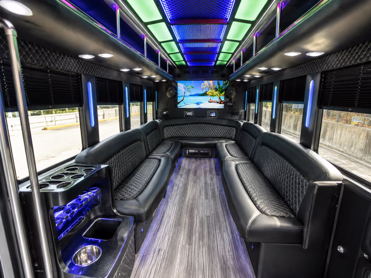 mentor 18 passenger party bus inside